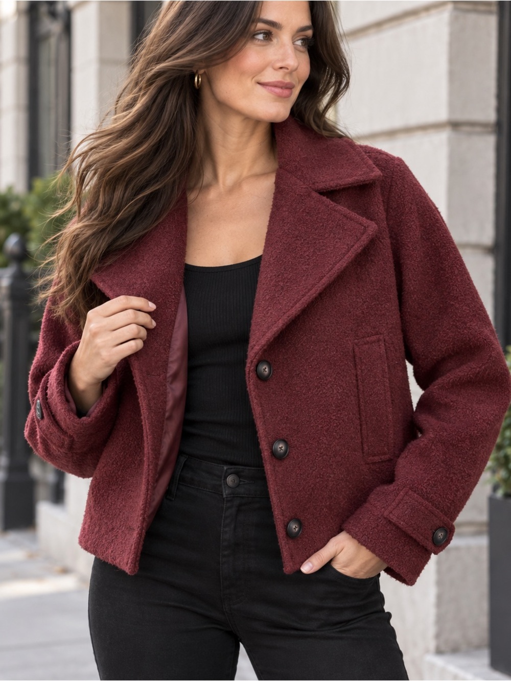 Dynamite Burgundy Bouclé Wool Blend Cropped Coat XXS/XS NWOT